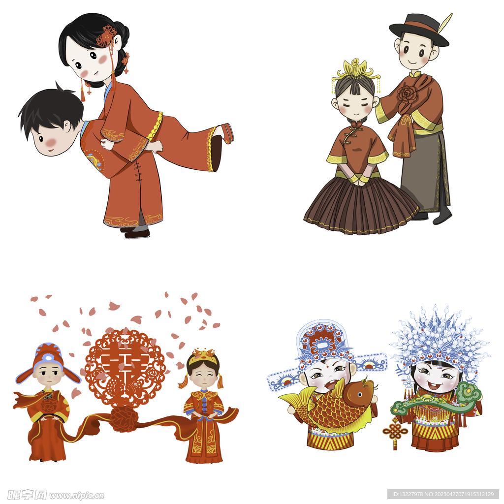 卡通中式婚礼新人中式古典人物