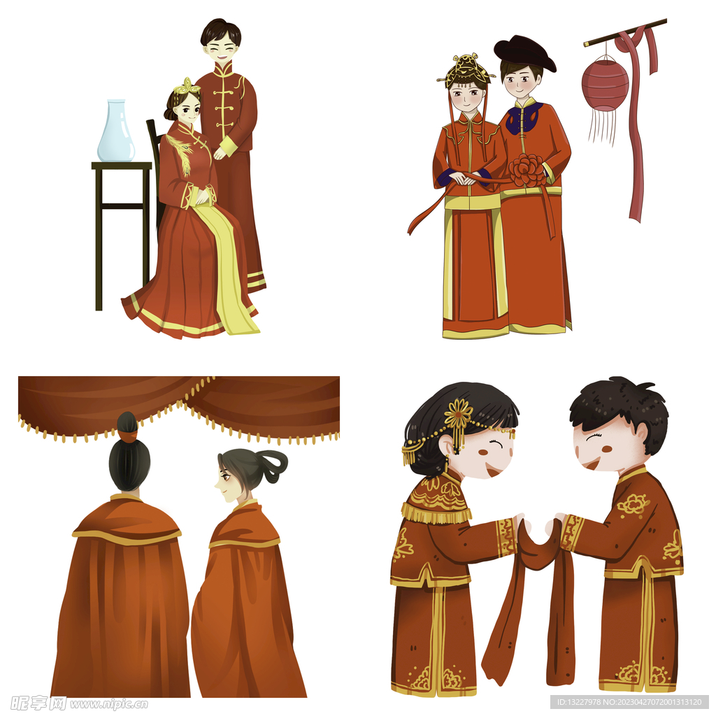 卡通中式婚礼新人中式古典人物