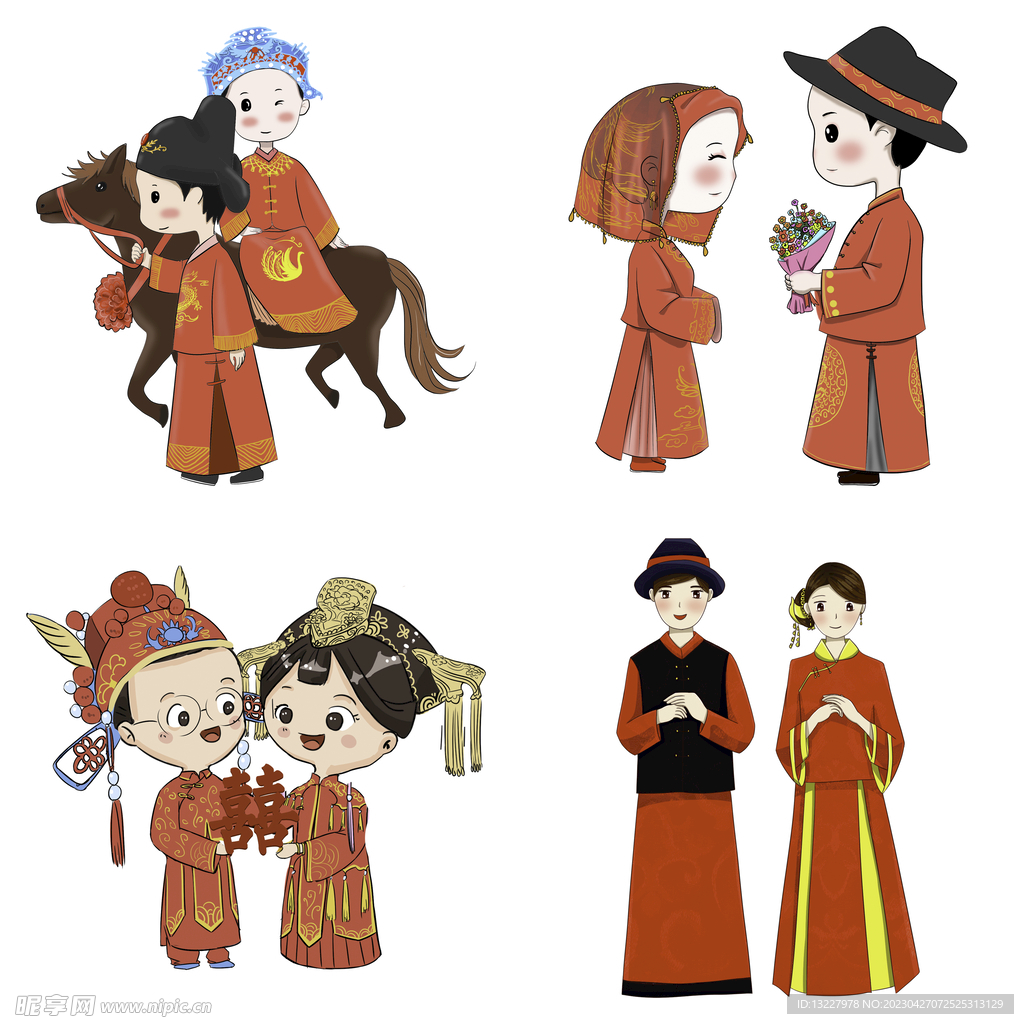 卡通中式婚礼新人中式古典人物