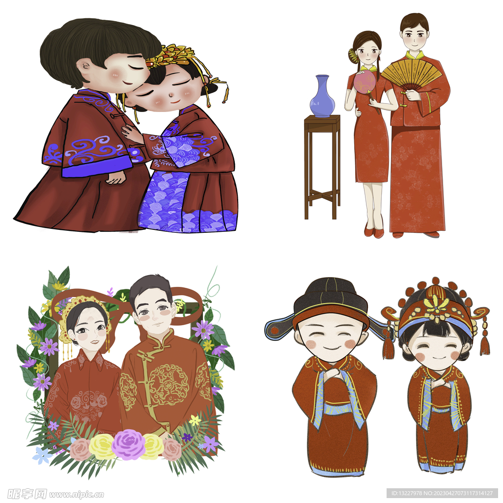卡通中式婚礼新人中式古典人物
