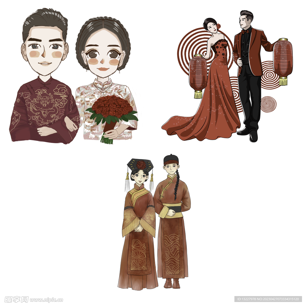 卡通中式婚礼新人中式古典人物
