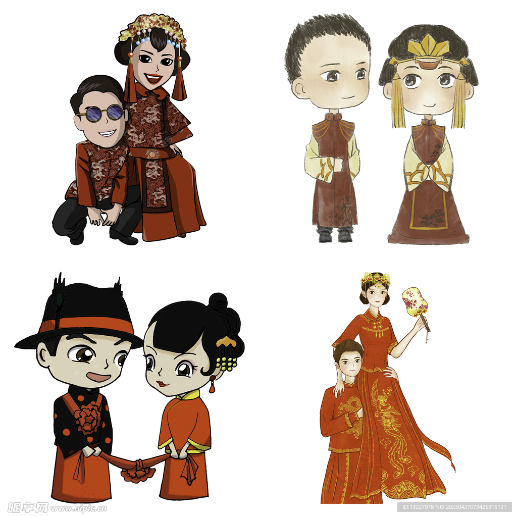 卡通中式婚礼新人中式古典人物