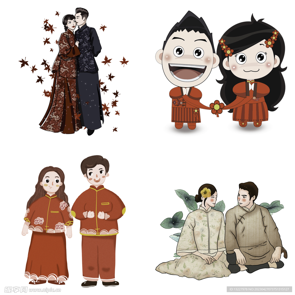 卡通中式婚礼新人中式古典人物