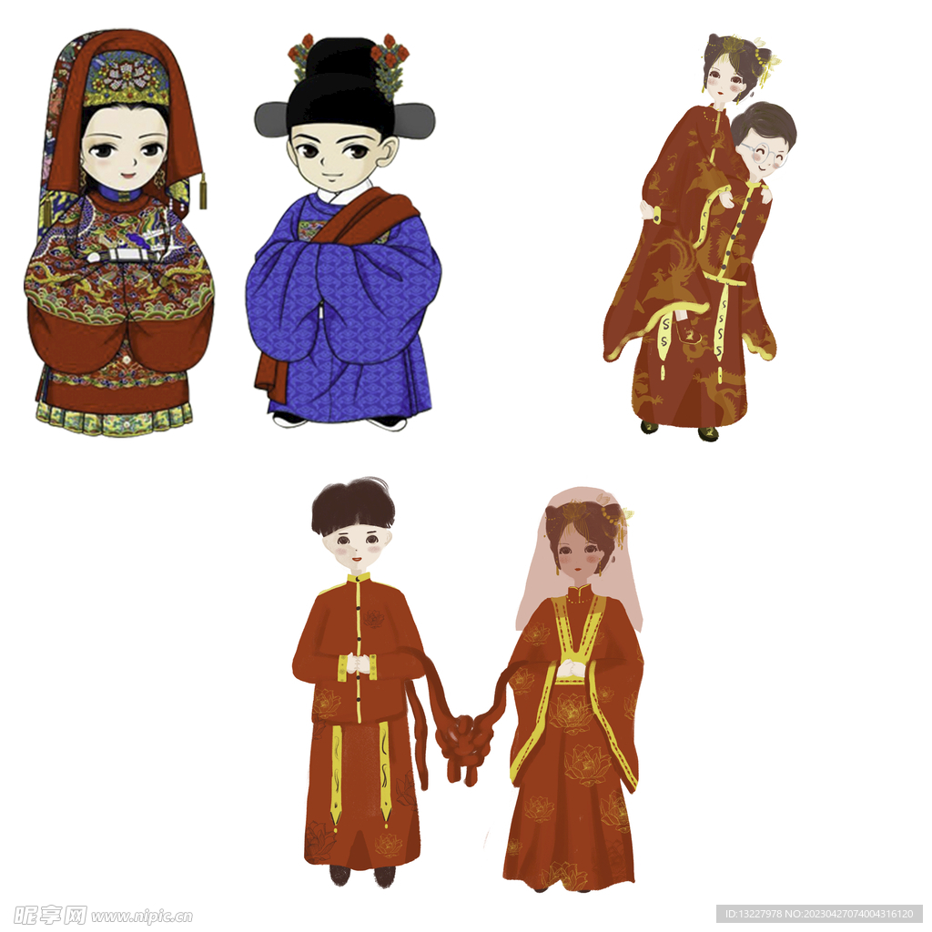 卡通中式婚礼新人中式古典人物