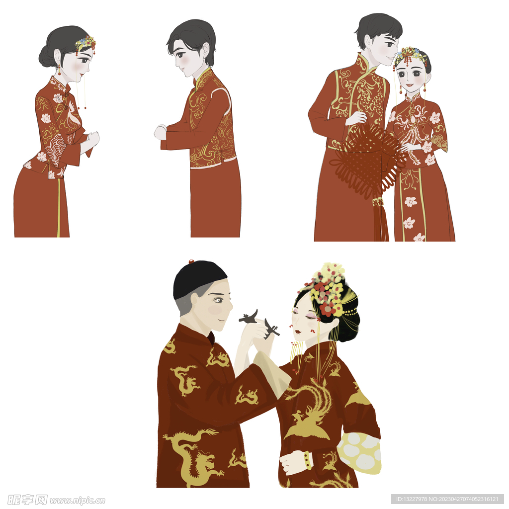 卡通中式婚礼新人中式古典人物