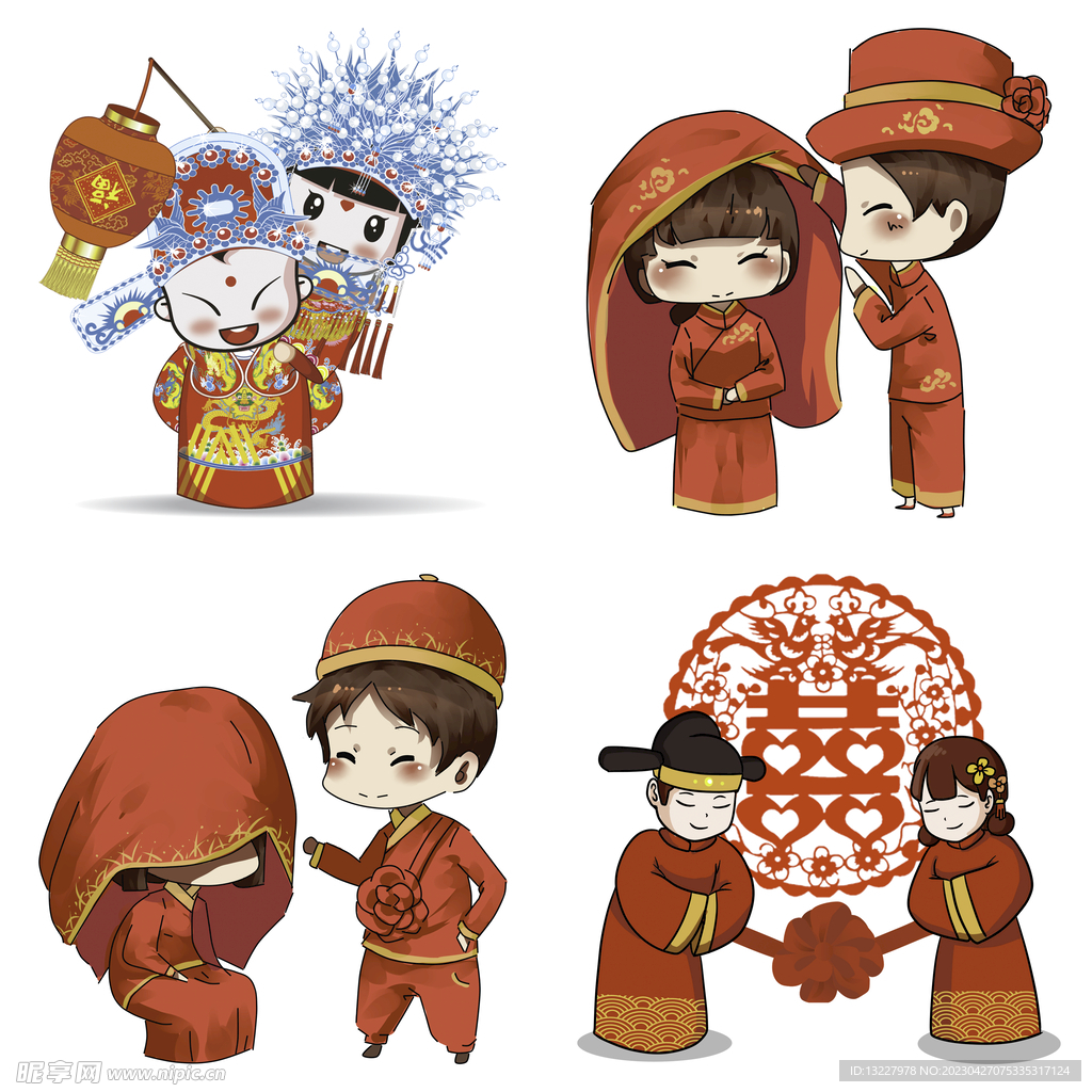 卡通中式婚礼新人中式古典人物