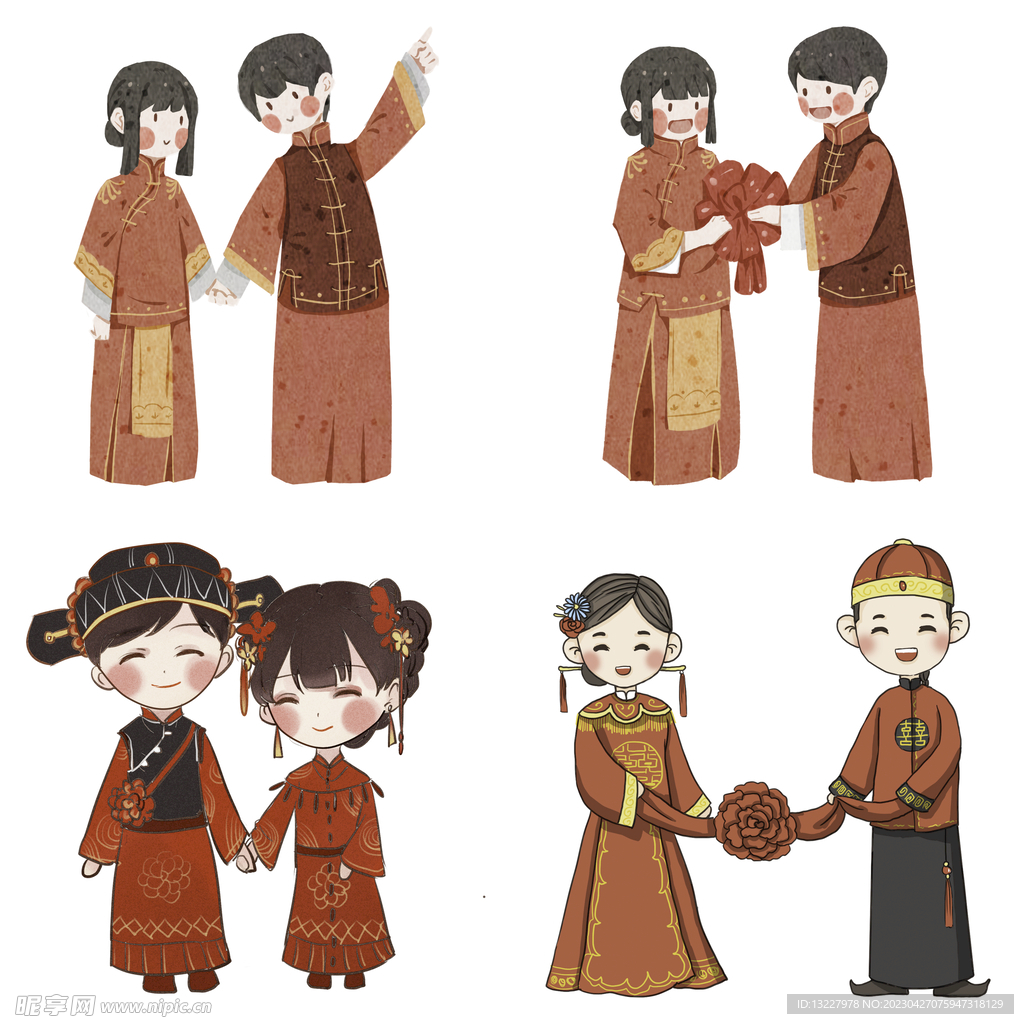 卡通中式婚礼新人中式古典人物