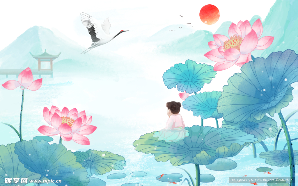 荷花荷塘仙鹤背景图