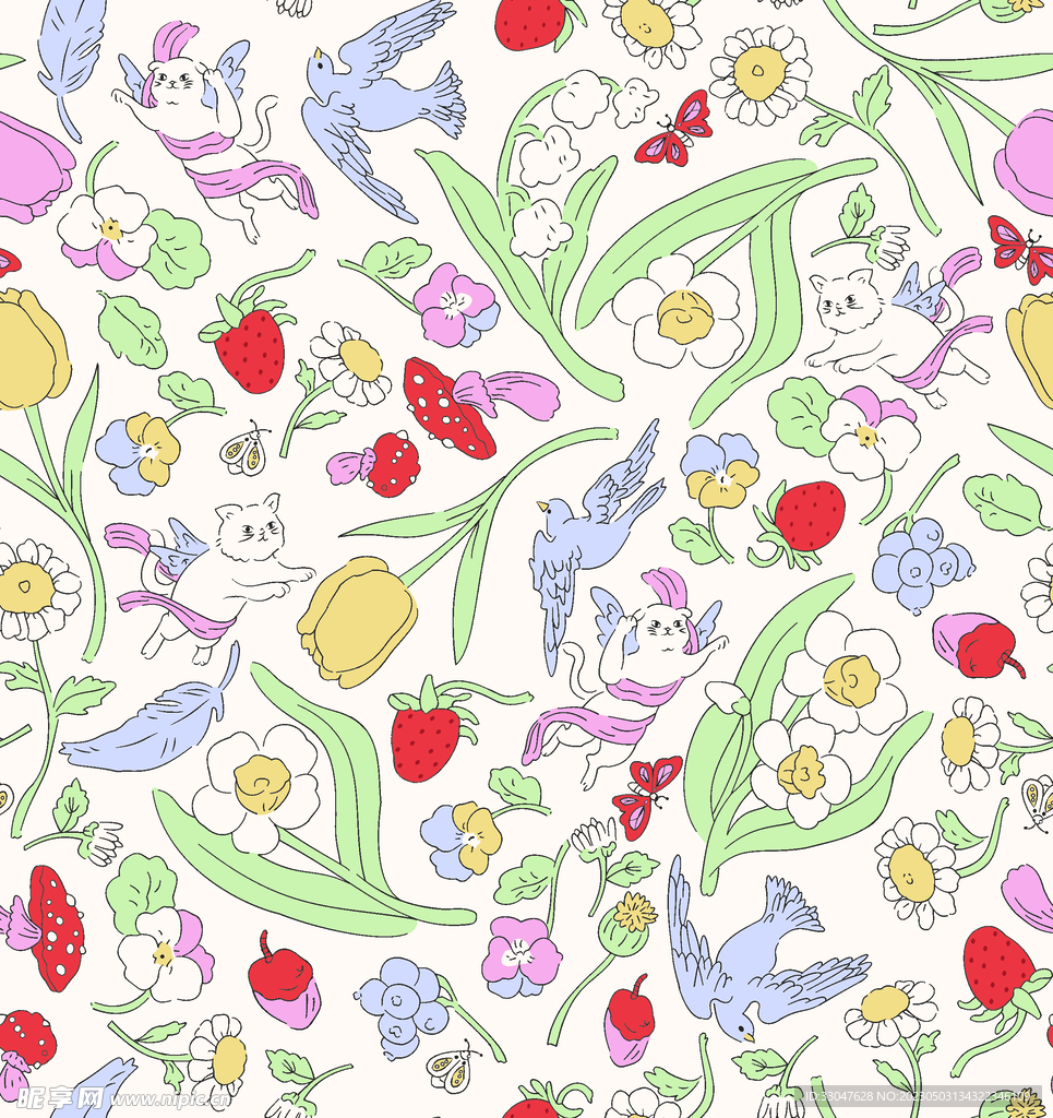 小碎花 小猫 乱花 数码印花