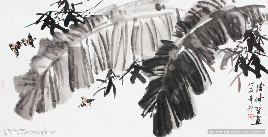 纪德修国画芭蕉叶横幅