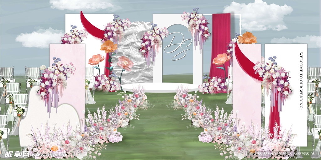 玫红色草坪婚礼