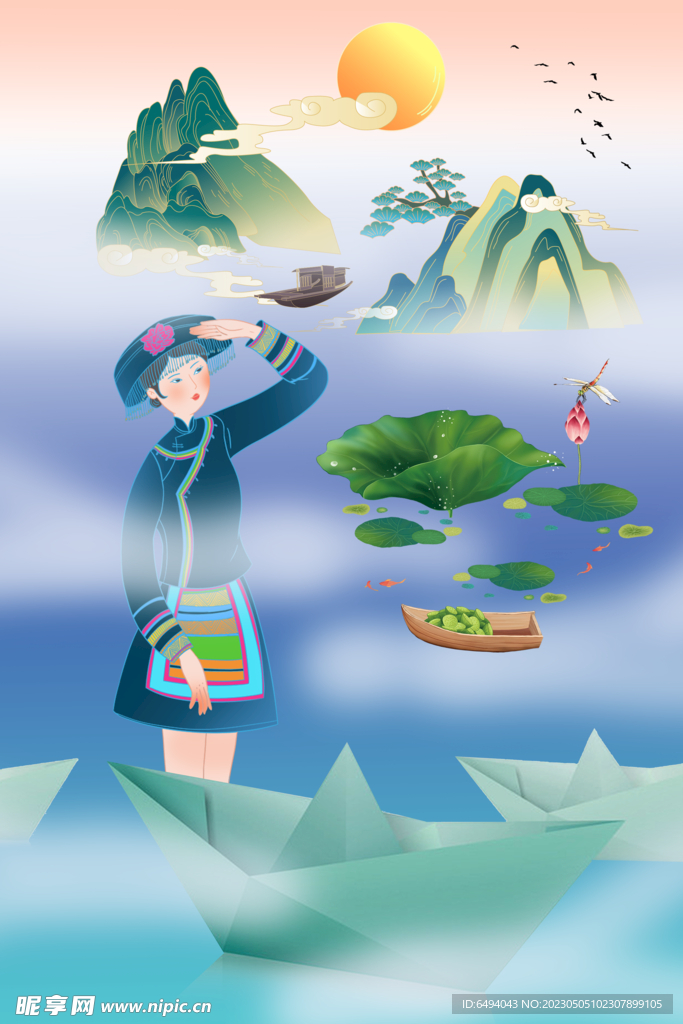 国潮山水少数民族美女荷塘采莲图