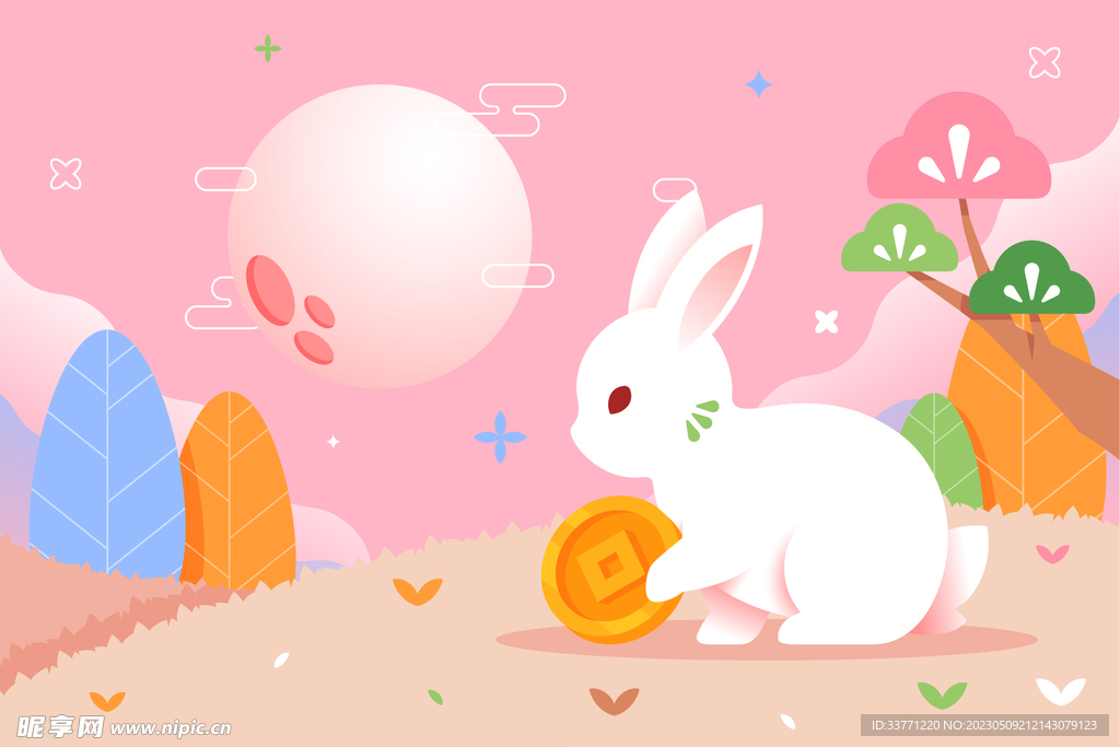 卡通兔子和月亮