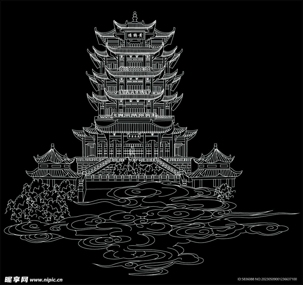 黄鹤楼线条构图立体轮廓勾线图案