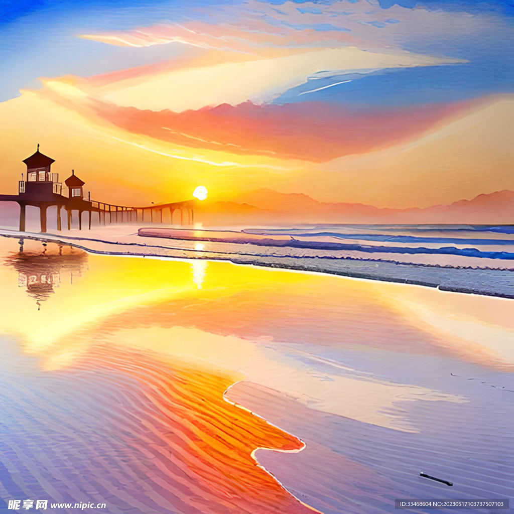 海边日出水彩风景画