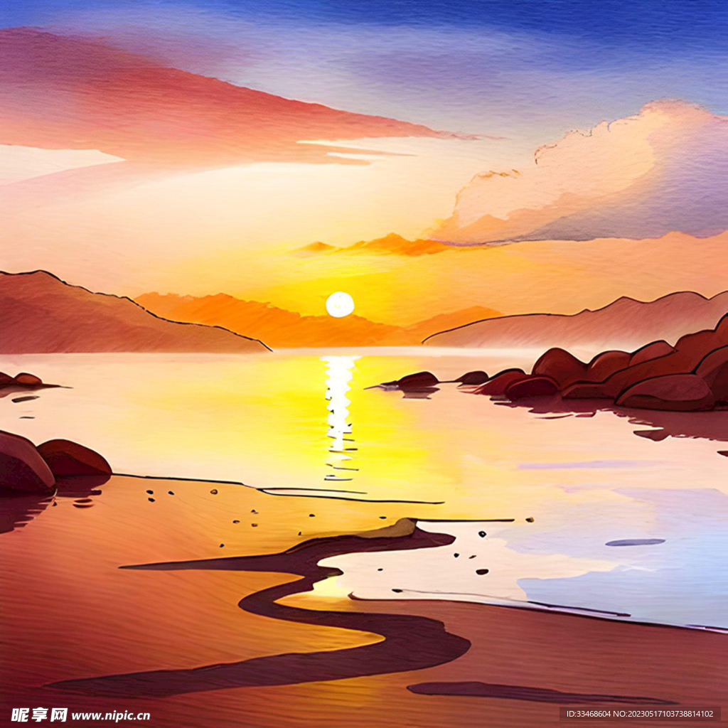 海边日出水彩风景画