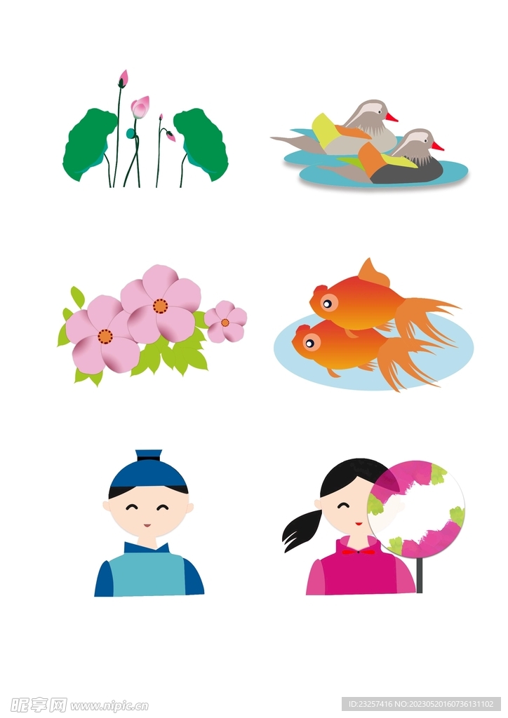 古风PSD素材男女鸳鸯金鱼荷花