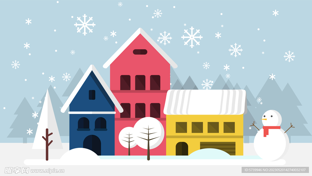 卡通冬季下雪景观矢量素材