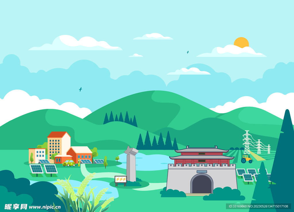 乡村插画  山水