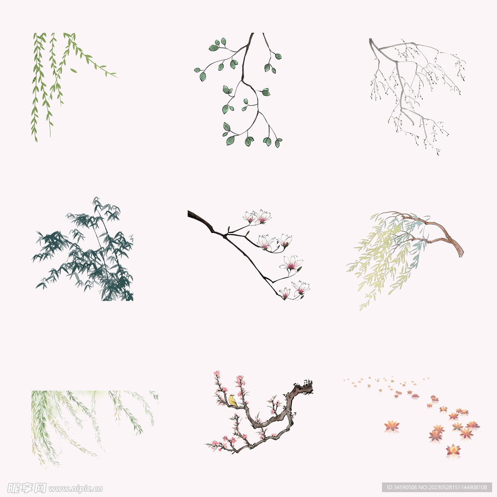 古风垂柳枝叶竹子梅花