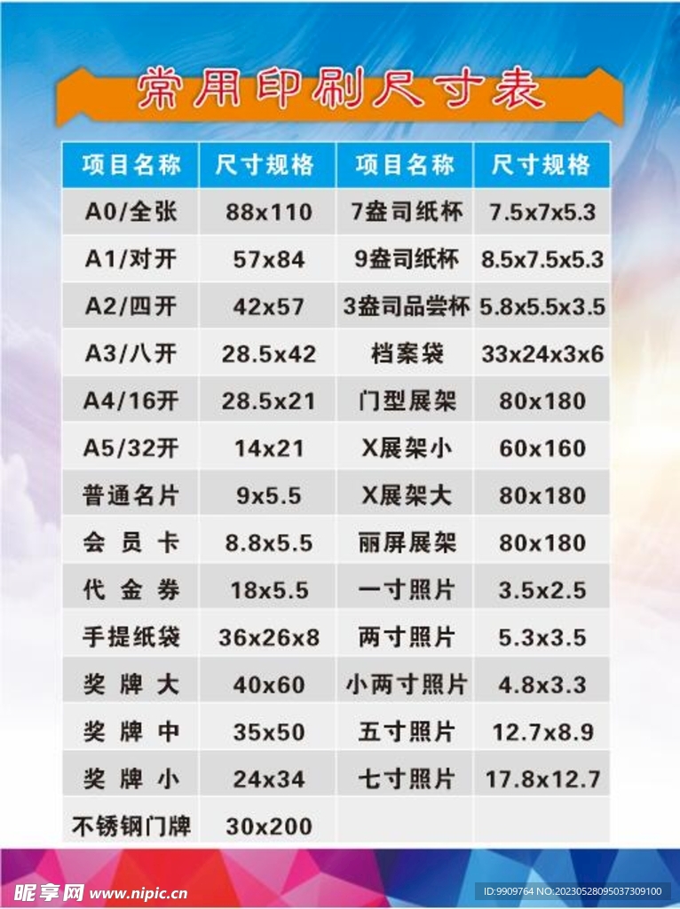 图文快印店常用广告图文尺寸表