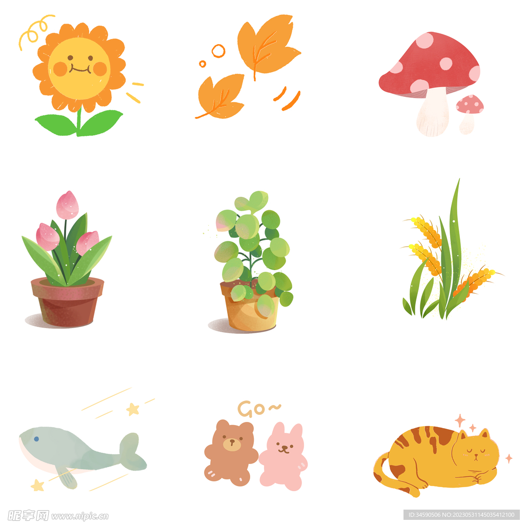 可爱小清新花草动物插画