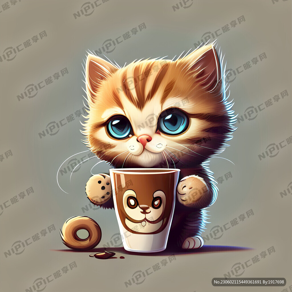 卡通小猫喝咖啡