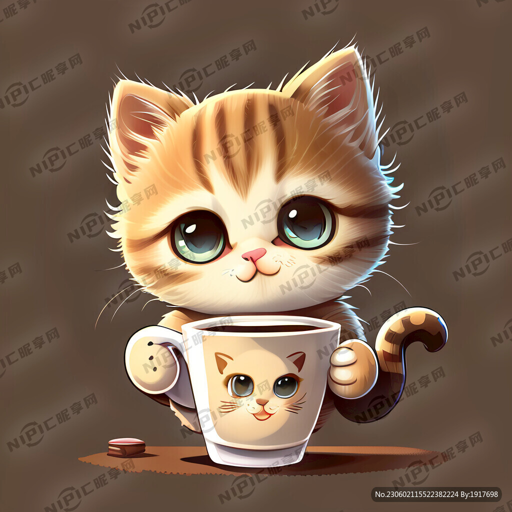 卡通小猫喝咖啡