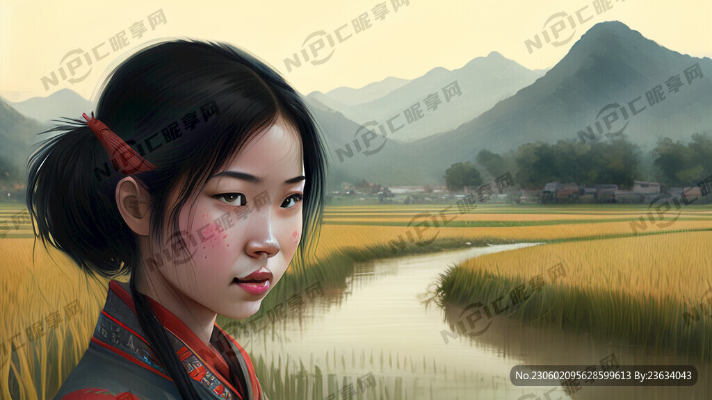 水稻、女孩、河流、