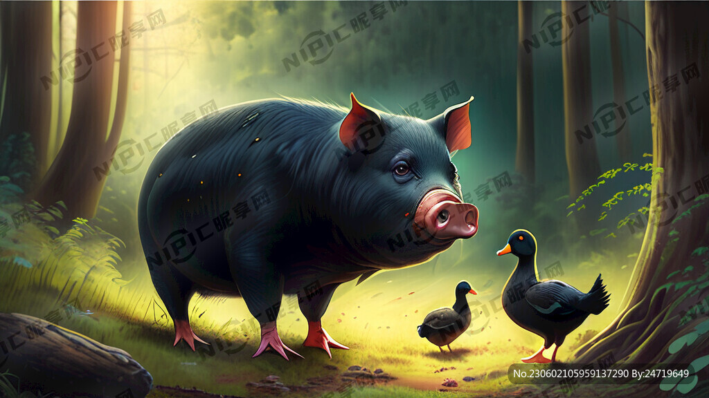 黑猪 鸡 鸭 在森林里觅食