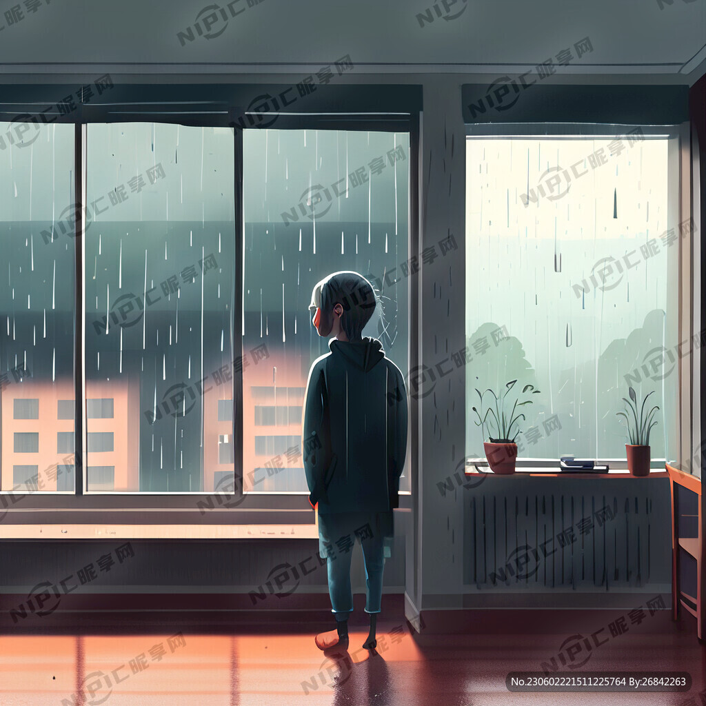 下雨天在房间里看着窗外的雨景