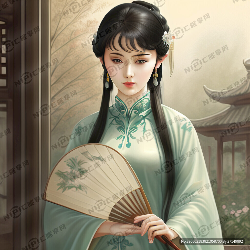 古装 美女 林黛玉 旗袍 庭院