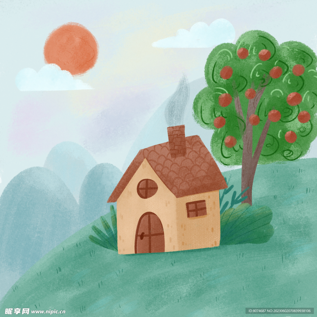 卡通插画小房子场景