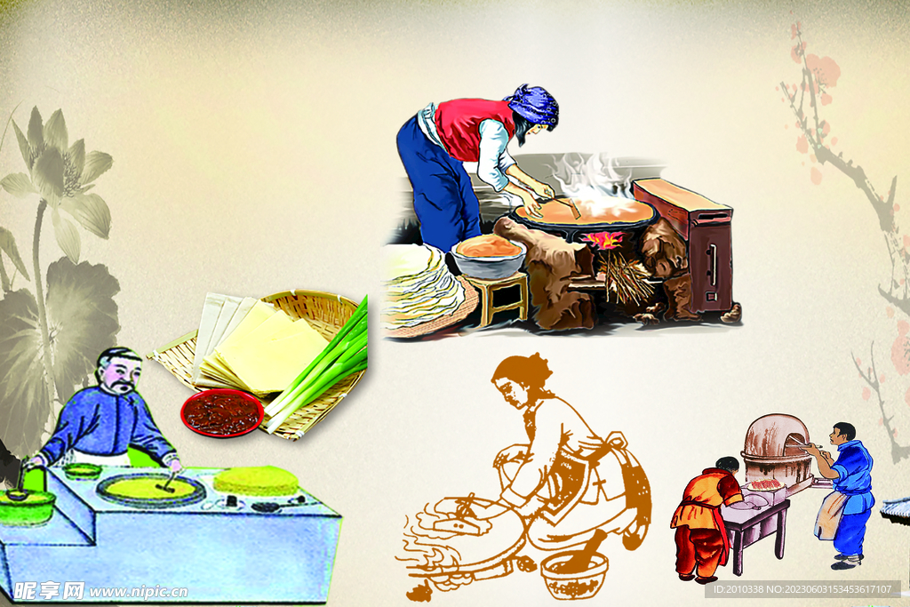 烙煎饼插画素材复古荷花梅花背景