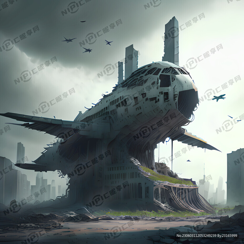 城市废墟 破旧飞机 赛博朋克