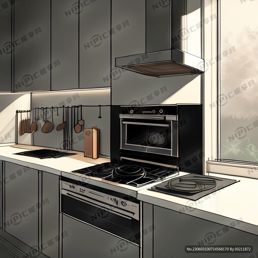 现代厨房 灶台 油烟机 线条