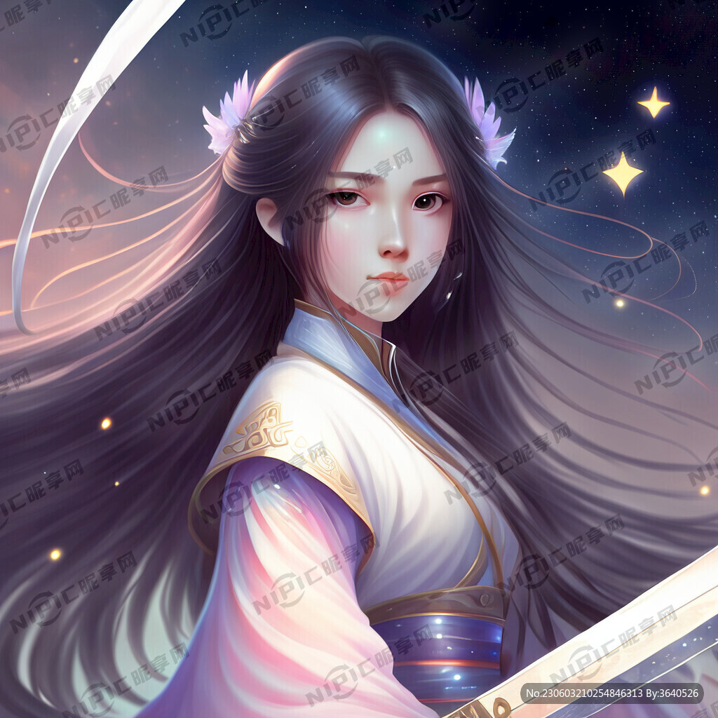 中国风 长发 少女 星空 长剑