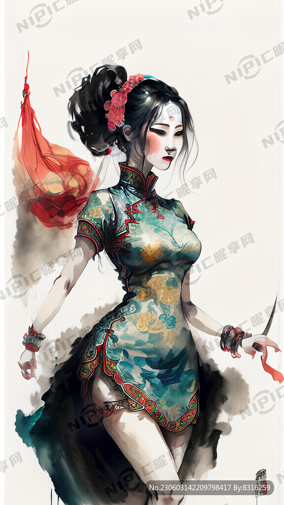 白色背景、旗袍少女舞狮、神情威