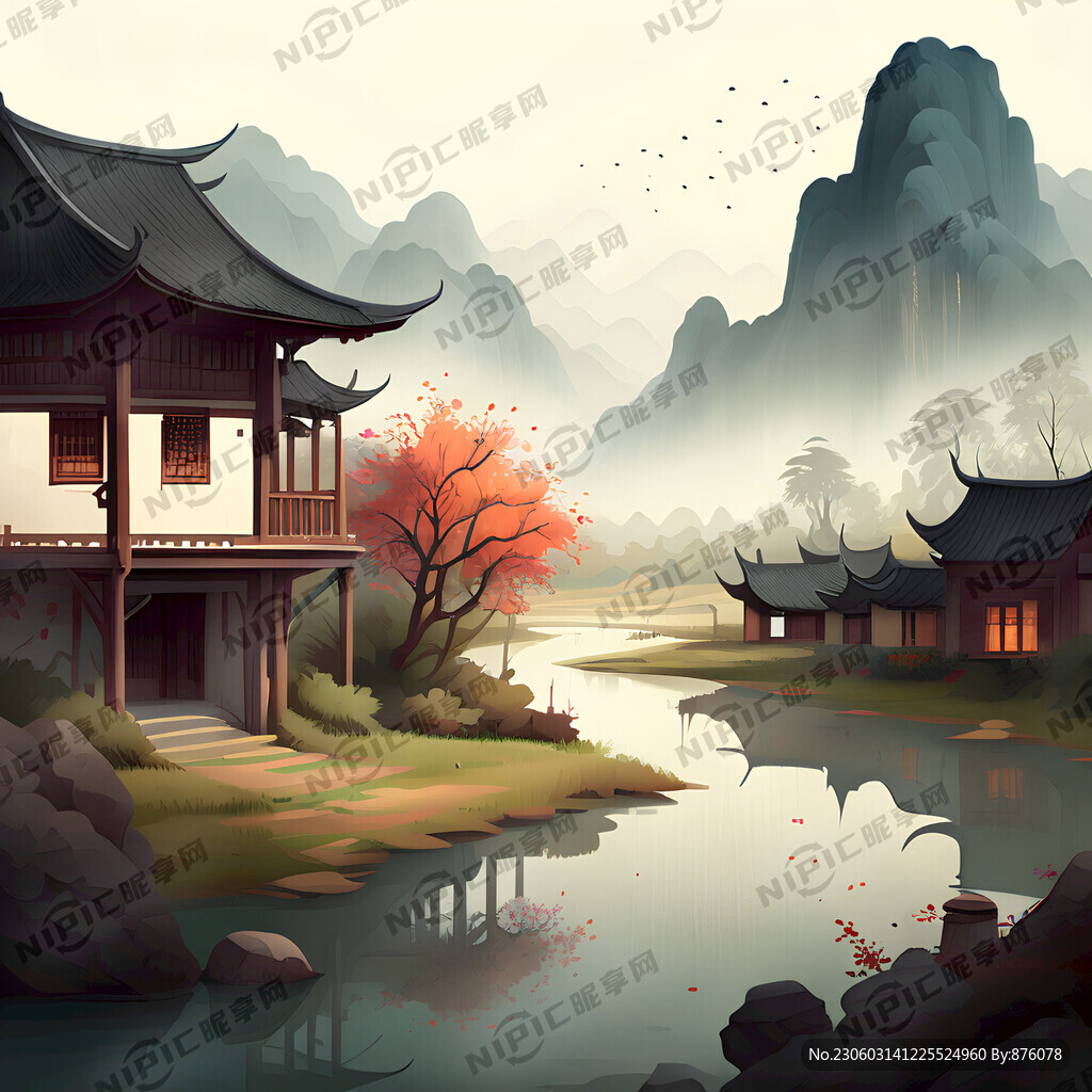 具有乡愁的中国风乡村风景