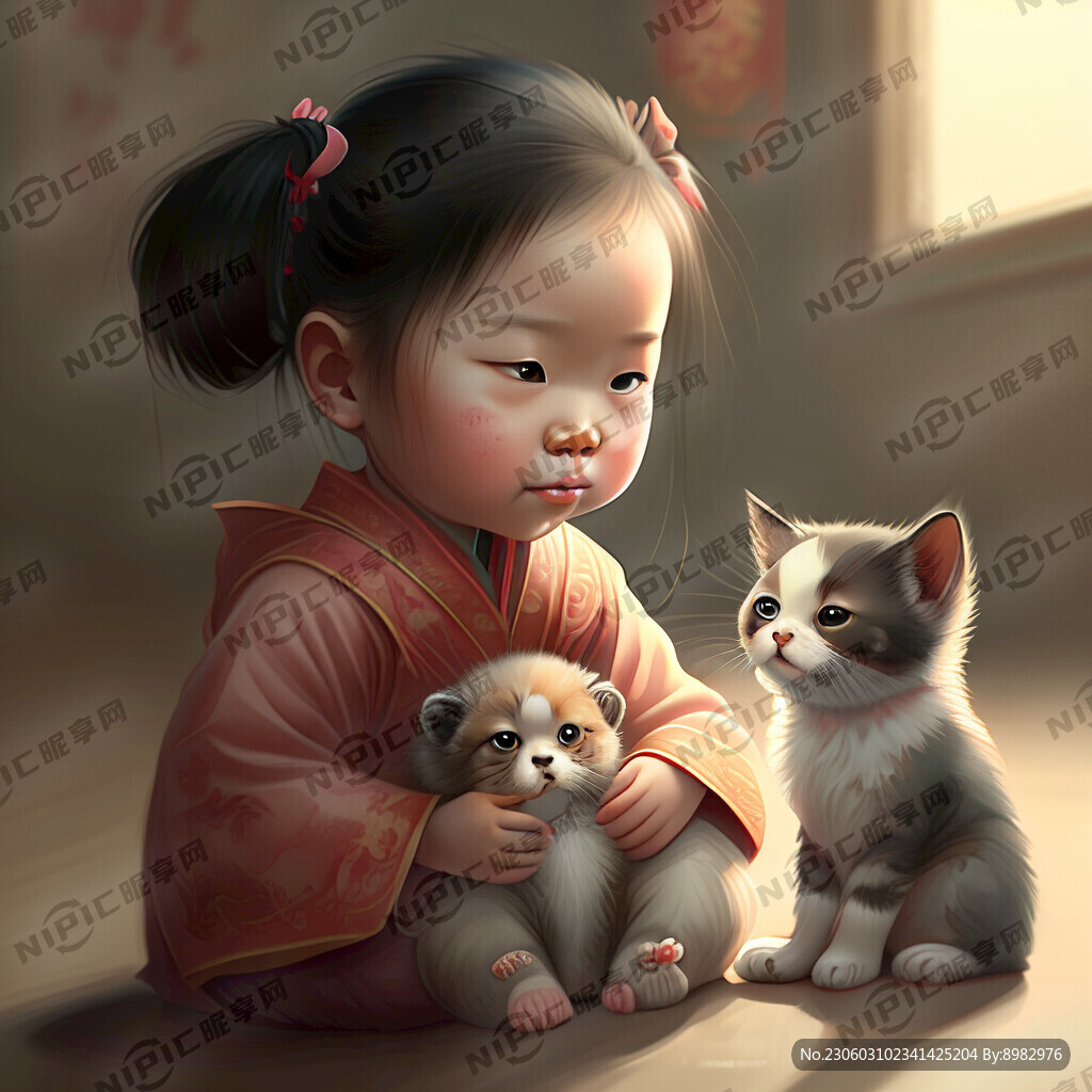 女孩 小猫 小狗 小孩