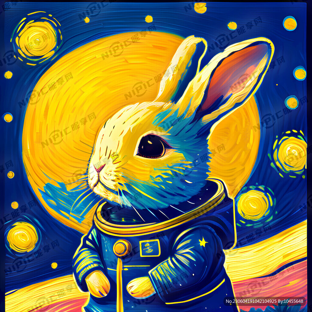 梵高画风 拟人的兔子、萌萌可爱