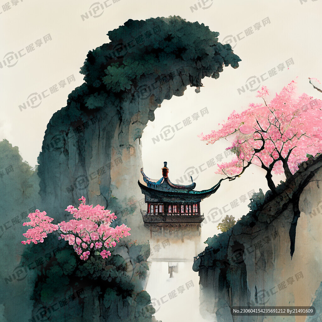 城墙 梅花 松树 小船 溪流