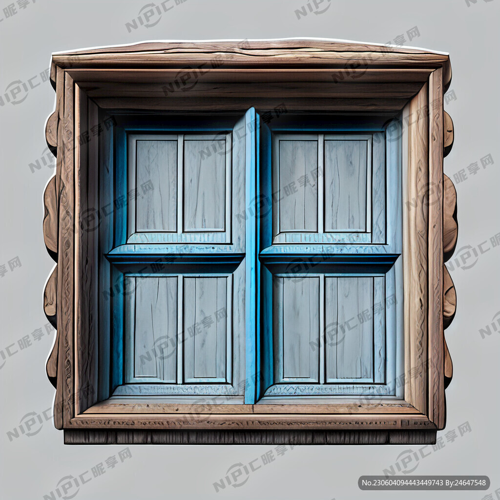 灰色背景 蓝色和原木色窗户