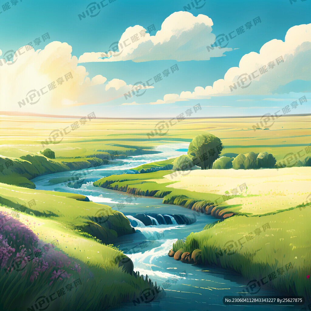 瀑布河流 平原草地 自然风光