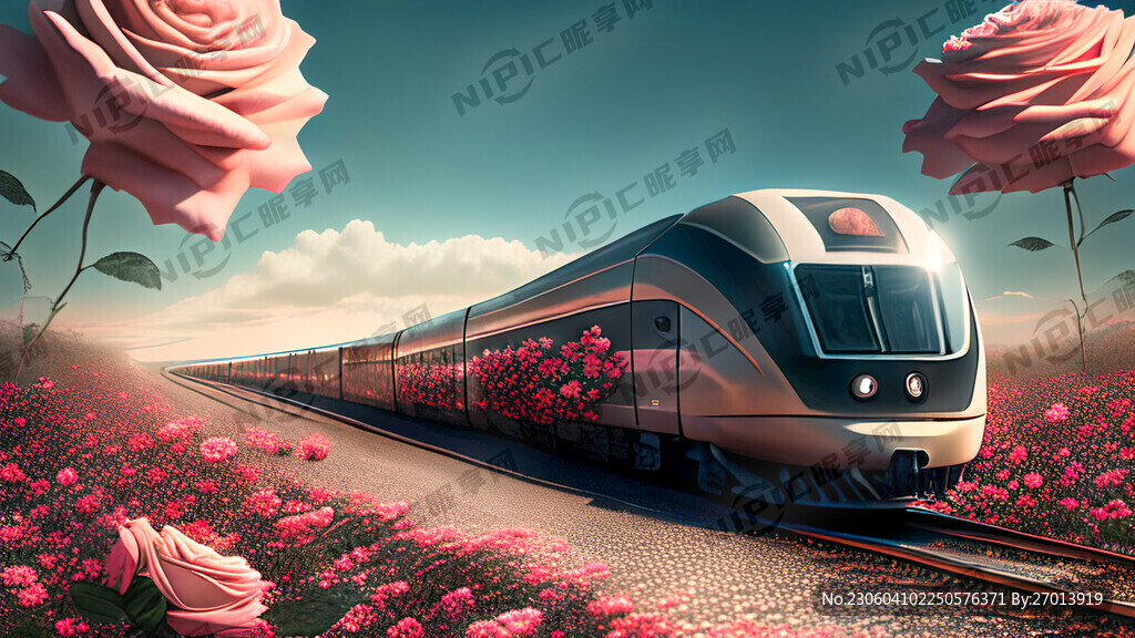 一辆光速列车在开满玫瑰花的道路