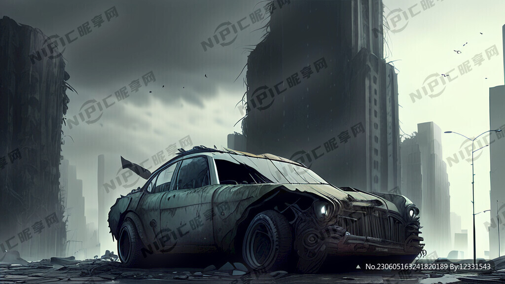 城市废墟 破旧汽车 赛博朋克