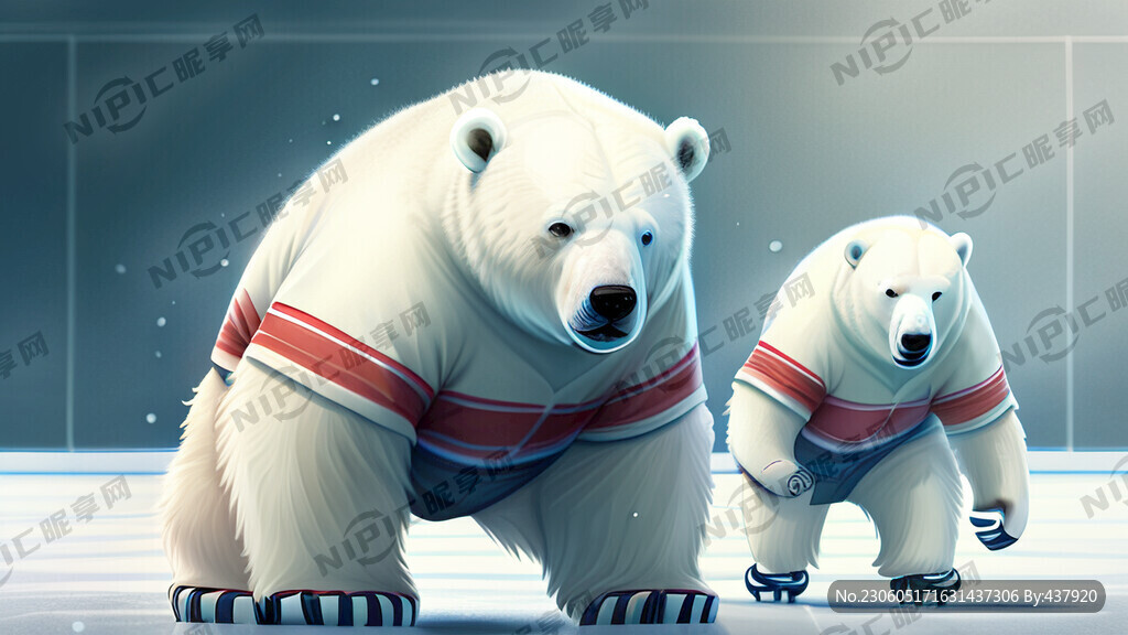 北极熊身穿冰球服饰在打冰球