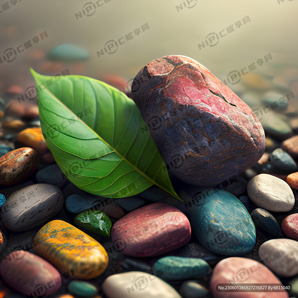 五彩斑斓的鹅卵石 缝隙长出绿叶