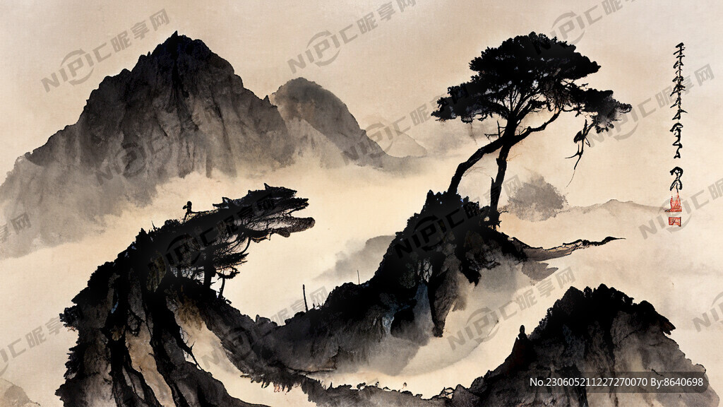 中国风 山水画 山上有松树