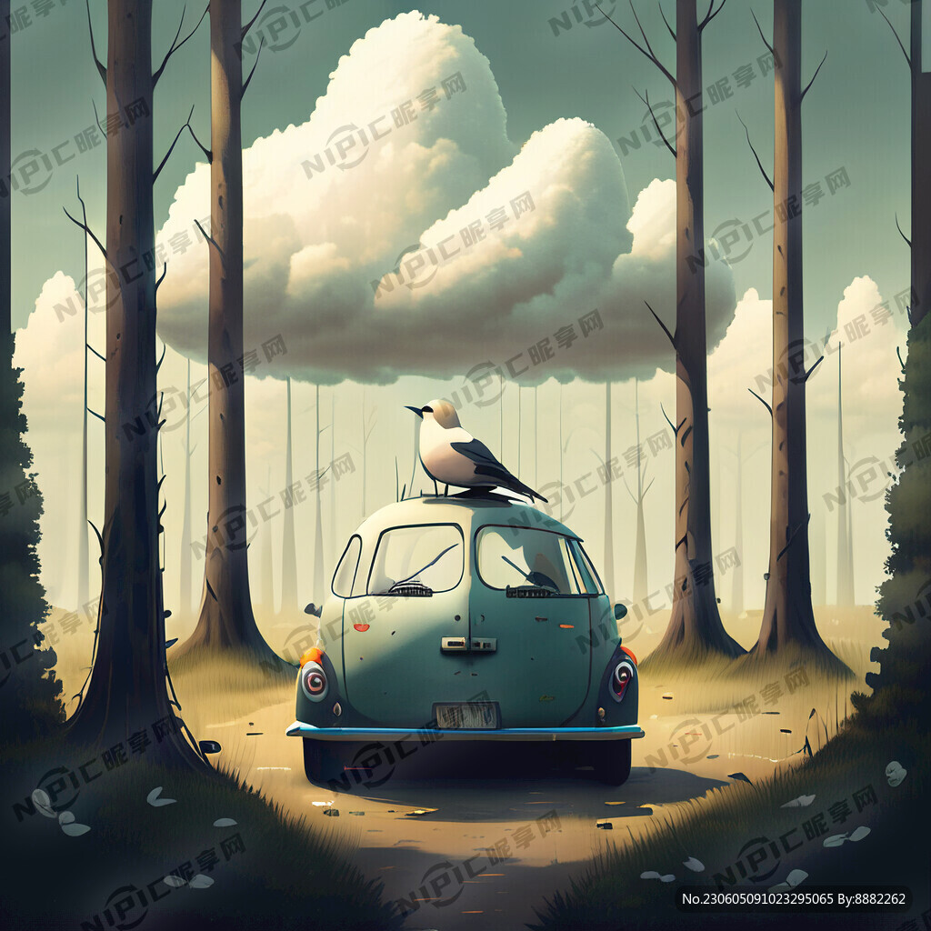 树林 小汽车 白云 小鸟